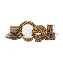 Serengeti Leopard 16-Piece Electropated Gold Porcelain Dinnerware Set by 222 Fifth
