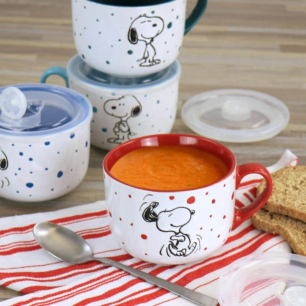 Peanuts Freckled Joy 25 fl. oz. Assorted Colors Stoneware Soup Bowl Cup and Lid (Set of 4) by Gibson 10 Peanuts Freckled Joy 25 fl. oz. Assorted Colors Stoneware Soup Bowl Cup and Lid (Set of 4) by Gibson - Image 8