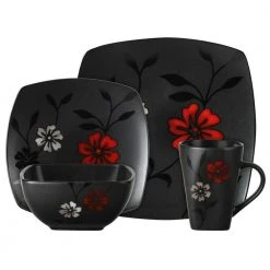 Evening Blossom 16-Piece Casual Black Stoneware Dinnerware Set (Service for 4) by GIBSON elite