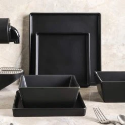 Black Grace Formal Stoneware Set 24-Piece Square Dinnerware (Set for 8) by STONE LAIN -Dinnerware Shop black matte stone lain dinnerware sets blb0608 d4 1000