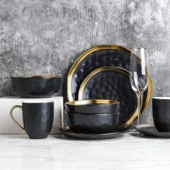 32-Piece Dishes for 8-Gold and Black Florian Modern Porcelain Dish Set by STONE LAIN