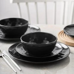 24-Piece Black Porcelain Stone Lain Ivy Collection Round Dinnerware Set (Service for 6) -Dinnerware Shop black stone lain dinnerware sets blb0698 44 1000