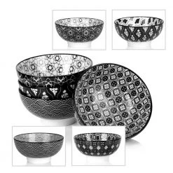 Haruka 4-Piece Japanese Style Black Porcelain 6 in. Cereal Bowl in Vibrant Colour Patterned (Set of 4) by vancasso -Dinnerware Shop black vancasso bowls vc haruka sdw 1f 1000