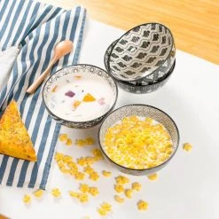 Haruka 4-Piece Japanese Style Black Porcelain 6 in. Cereal Bowl in Vibrant Colour Patterned (Set of 4) by vancasso -Dinnerware Shop black vancasso bowls vc haruka sdw 4f 1000