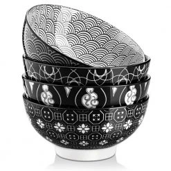 Haruka 4-Piece Japanese Style Black Porcelain 6 in. Cereal Bowl in Vibrant Colour Patterned (Set of 4) by vancasso