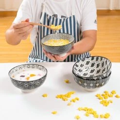 Haruka 4-Piece Japanese Style Black Porcelain 6 in. Cereal Bowl in Vibrant Colour Patterned (Set of 4) by vancasso -Dinnerware Shop black vancasso bowls vc haruka sdw fa 1000