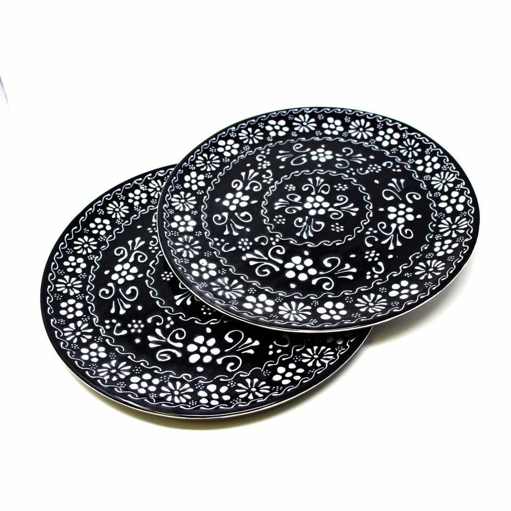 Mexican Ink Pottery Set of Large Dinner Plates by Global Crafts 3 Mexican Ink Pottery Set of Large Dinner Plates by Global Crafts