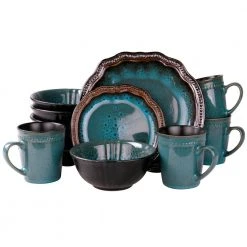 Mystic Waves 16-Piece Modern Blue Stoneware Dinnerware Set (Service for 4) by Elama