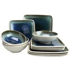 Namastay 12-Piece Blue Square Dinnerware Set by GIBSON ELITE
