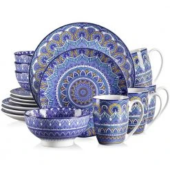 Mandala 16-Piece Porcelain Blue Dinnerware Sets (Service for 4) by vancasso