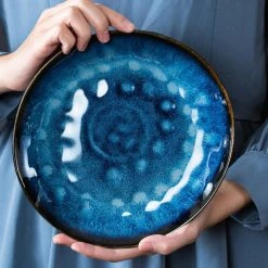 Starry 8 in. Blue Vintage Look Ceramic Dessert Plate, Set Salad/Fruit/Snack Plate (Set of 4) by vancasso -Dinnerware Shop blue vancasso salad plates dessert plates vc starry b sxp 1f 1000