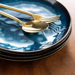 Starry 8 in. Blue Vintage Look Ceramic Dessert Plate, Set Salad/Fruit/Snack Plate (Set of 4) by vancasso -Dinnerware Shop blue vancasso salad plates dessert plates vc starry b sxp 4f 1000