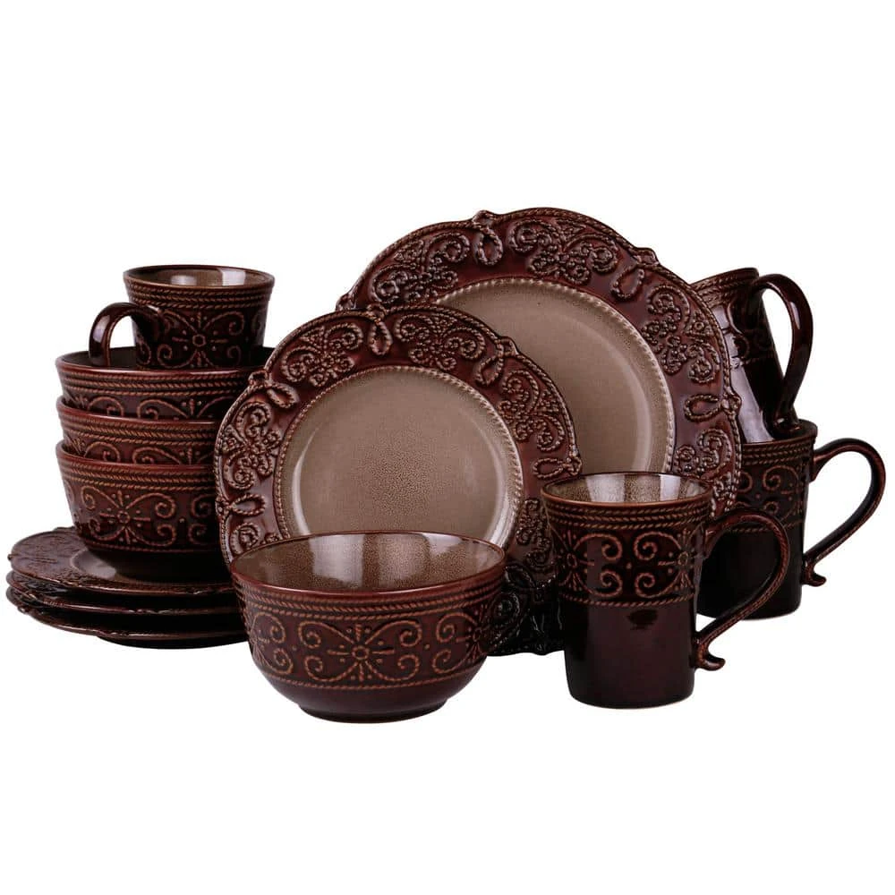 Salia 16-Piece Traditional Brown Stoneware Dinnerware Set (Service for 4) by Elama 3 Salia 16-Piece Traditional Brown Stoneware Dinnerware Set (Service for 4) by Elama