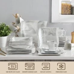 Flora 30-Piece Marble Gray Porcelain Dinnerware Set with Dinner Plates, Cup and Saucer Set (Service for 6) by MALACASA 12 Flora 30-Piece Marble Gray Porcelain Dinnerware Set with Dinner Plates, Cup and Saucer Set (Service for 6) by MALACASA -Dinnerware Shop gray malacasa dinnerware sets flora 30 grey 1f 1000