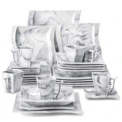 Flora 30-Piece Marble Gray Porcelain Dinnerware Set with Dinner Plates, Cup and Saucer Set (Service for 6) by MALACASA