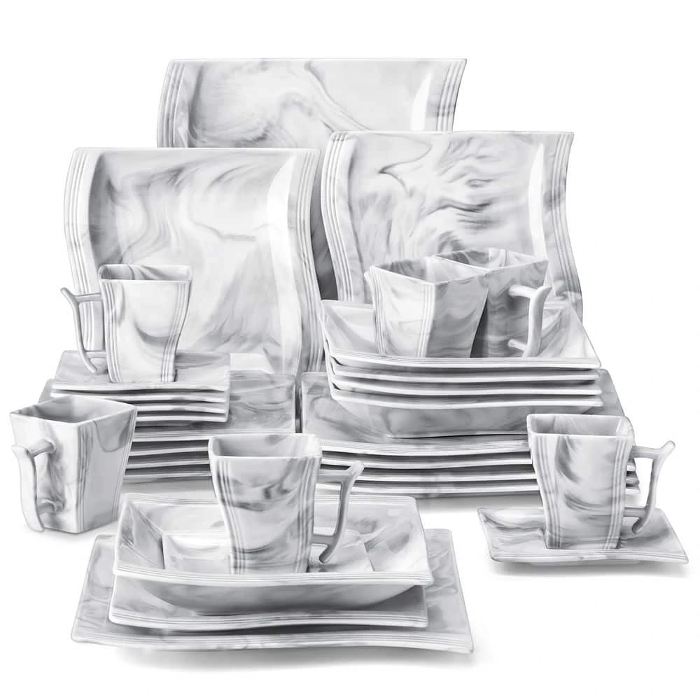 Flora 30-Piece Marble Gray Porcelain Dinnerware Set with Dinner Plates, Cup and Saucer Set (Service for 6) by MALACASA 3 Flora 30-Piece Marble Gray Porcelain Dinnerware Set with Dinner Plates, Cup and Saucer Set (Service for 6) by MALACASA