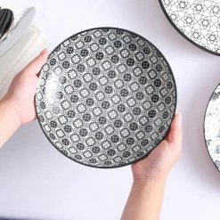 Haruka 8.6 in. Soup Plate Porcelain Patterned 4-Designs Japanese Style Grey Spot Soup Plate (Set of 4) by vancasso 14 Haruka 8.6 in. Soup Plate Porcelain Patterned 4-Designs Japanese Style Grey Spot Soup Plate (Set of 4) by vancasso -Dinnerware Shop grey vancasso bowls vc haruka stp 1f 1000