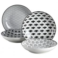 Haruka 8.6 in. Soup Plate Porcelain Patterned 4-Designs Japanese Style Grey Spot Soup Plate (Set of 4) by vancasso