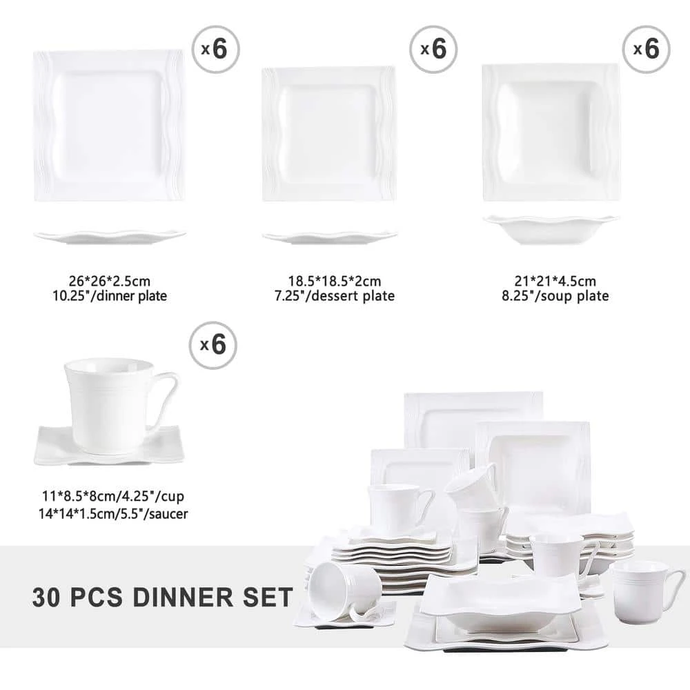 Mario 30-Piece Modern Ivory White Porcelain Dinnerware Set (Service for 6) by MALACASA 6 Mario 30-Piece Modern Ivory White Porcelain Dinnerware Set (Service for 6) by MALACASA - Image 4