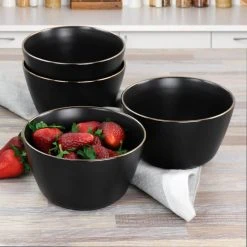 Paul 23 fl.oz Matte Black Stoneware 6 Piece Bowl Set with Gold Rim by Elama -Dinnerware Shop matte black elama bowls 985116277m fa 1000
