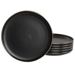 Paul 6 Piece Stoneware Salad Plate Set in Matte Black with Gold Rim by Elama