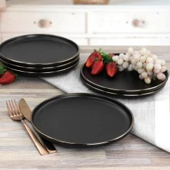 Paul 6 Piece Stoneware Salad Plate Set in Matte Black with Gold Rim by Elama -Dinnerware Shop matte black elama dinner plates 985116268m fa 1000