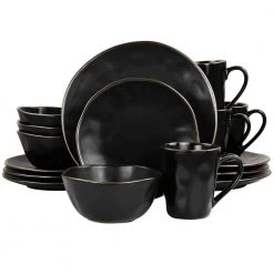 Modern 16 Piece Stoneware Dinnerware Set in Matte Black with Gold Rim by Elama