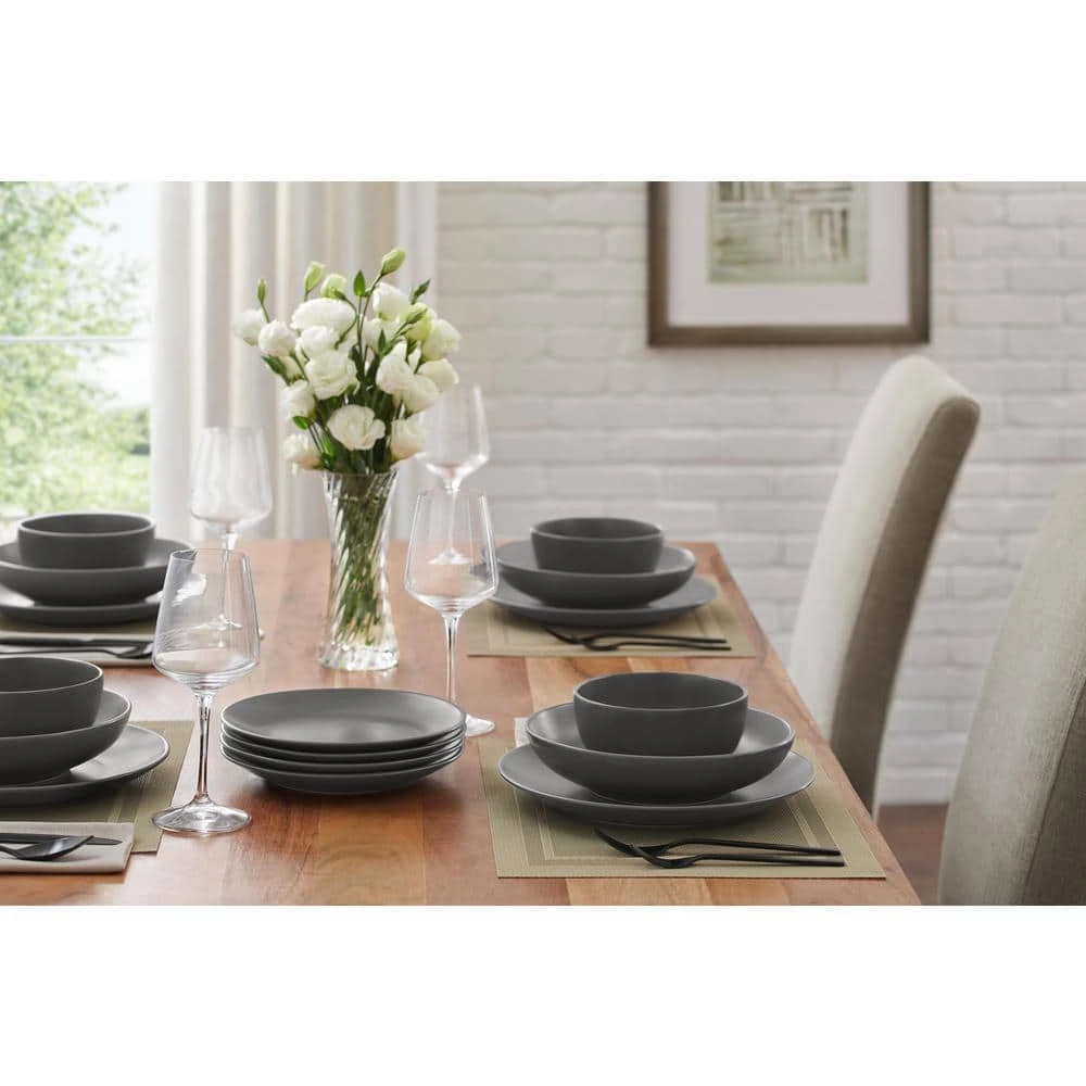 Brea 16-Piece Solid Stoneware Dinnerware Set in Matte Charcoal (Service for 4) by StyleWell 4 Brea 16-Piece Solid Stoneware Dinnerware Set in Matte Charcoal (Service for 4) by StyleWell - Image 2
