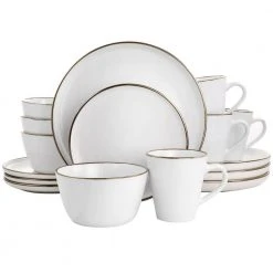 Arthur 16-Piece Stoneware Dinnerware Set in Matte White with Gold Rim by Elama