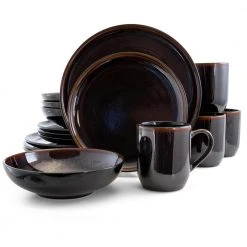 Midnight Beach 16-Piece Modern Metallic Black Stoneware Dinnerware Set (Service for 4) by Elama