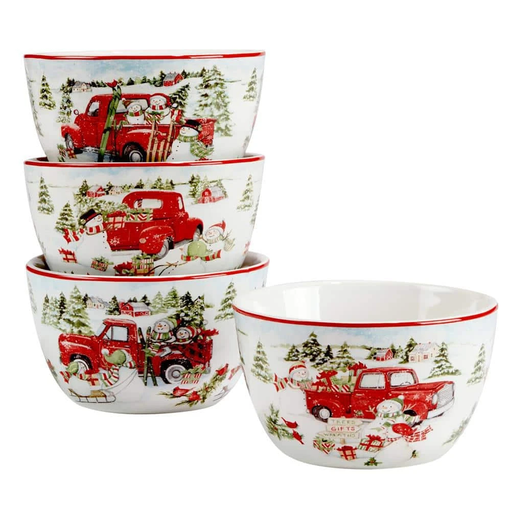 Red Truck Snowman 22 fl.oz. Multi-Colored Earthenware Dessert Bowls Set of 4 by Certified International 4 Red Truck Snowman 22 fl.oz. Multi-Colored Earthenware Dessert Bowls Set of 4 by Certified International - Image 2