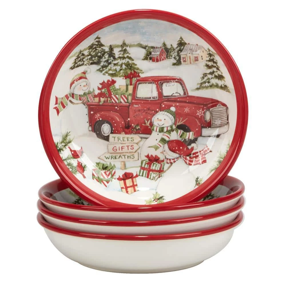 Red Truck Snowman 38 fl.oz. Multi-Colored Earthenware Soup Bowls Set of 4 by Certified International 4 Red Truck Snowman 38 fl.oz. Multi-Colored Earthenware Soup Bowls Set of 4 by Certified International - Image 2