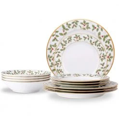 Holly and Berry Gold White Porcelain 12-Piece Dinnerware set (Service for 4) by Noritake
