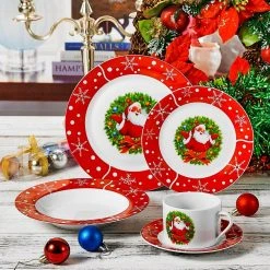 Santa Claus 60-Piece White and Red Porcelain Christmas Tableware Set (Service for 12) by VEWEET -Dinnerware Shop santaclaus veweet dinnerware sets santaclaus 30 2 4f 1000