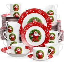 Santa Claus 60-Piece White and Red Porcelain Christmas Tableware Set (Service for 12) by VEWEET
