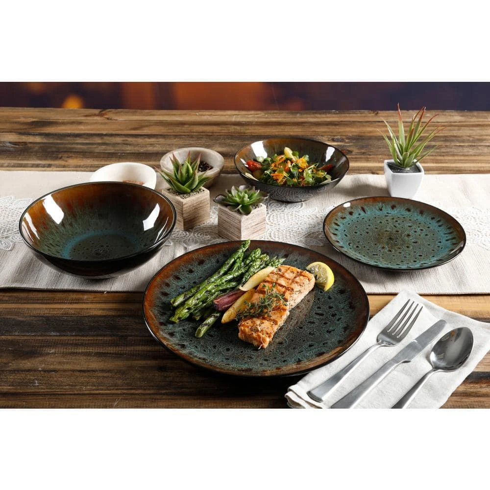 Kyoto 16-Piece Asian Inspired Teal reactive glaze with black and bronze accents Stoneware Dinnerware Set (Service for 4) by GIBSON ELITE 7 Kyoto 16-Piece Asian Inspired Teal reactive glaze with black and bronze accents Stoneware Dinnerware Set (Service for 4) by GIBSON ELITE - Image 5