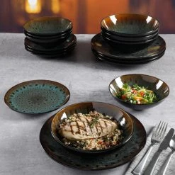 Kyoto 16-Piece Asian Inspired Teal reactive glaze with black and bronze accents Stoneware Dinnerware Set (Service for 4) by GIBSON ELITE 13 Kyoto 16-Piece Asian Inspired Teal reactive glaze with black and bronze accents Stoneware Dinnerware Set (Service for 4) by GIBSON ELITE -Dinnerware Shop teal reactive glaze with black and bronze accents gibson elite dinnerware sets 126967 16r 31 1000