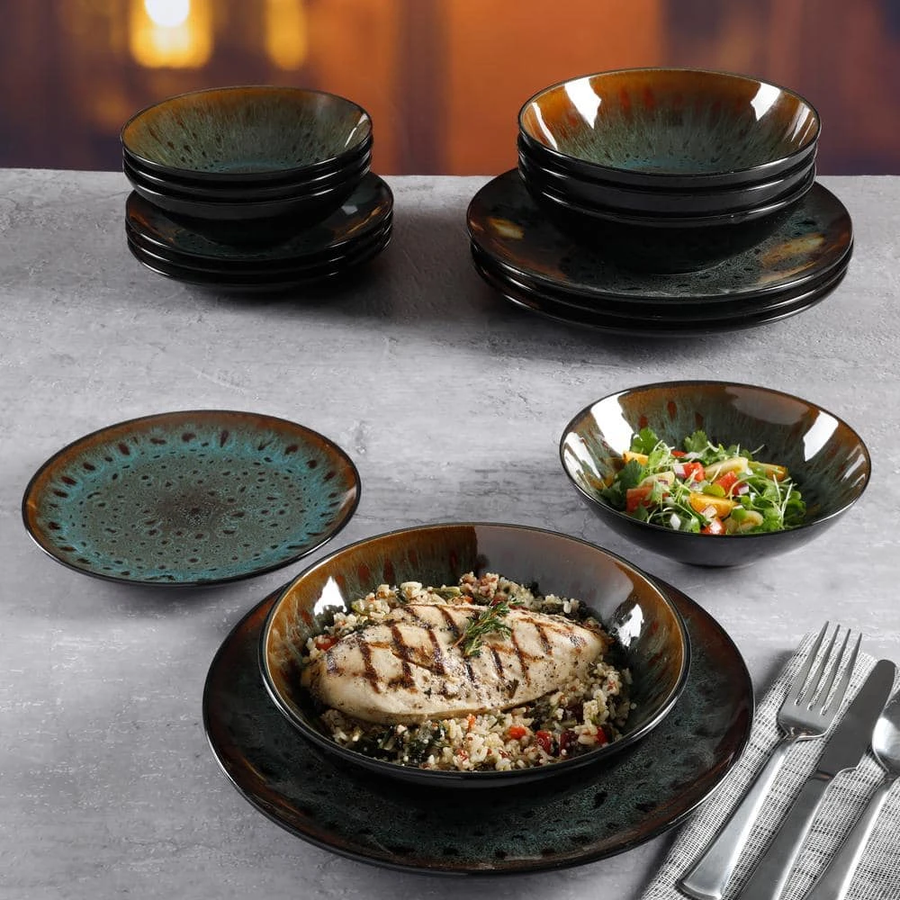 Kyoto 16-Piece Asian Inspired Teal reactive glaze with black and bronze accents Stoneware Dinnerware Set (Service for 4) by GIBSON ELITE 8 Kyoto 16-Piece Asian Inspired Teal reactive glaze with black and bronze accents Stoneware Dinnerware Set (Service for 4) by GIBSON ELITE - Image 6