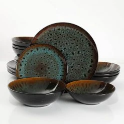 Kyoto 16-Piece Asian Inspired Teal reactive glaze with black and bronze accents Stoneware Dinnerware Set (Service for 4) by GIBSON ELITE