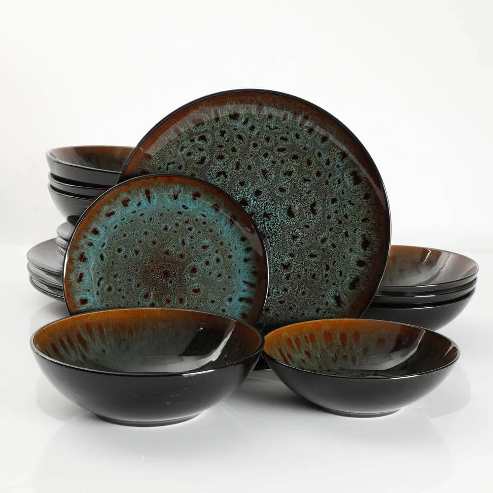 Kyoto 16-Piece Asian Inspired Teal reactive glaze with black and bronze accents Stoneware Dinnerware Set (Service for 4) by GIBSON ELITE 3 Kyoto 16-Piece Asian Inspired Teal reactive glaze with black and bronze accents Stoneware Dinnerware Set (Service for 4) by GIBSON ELITE