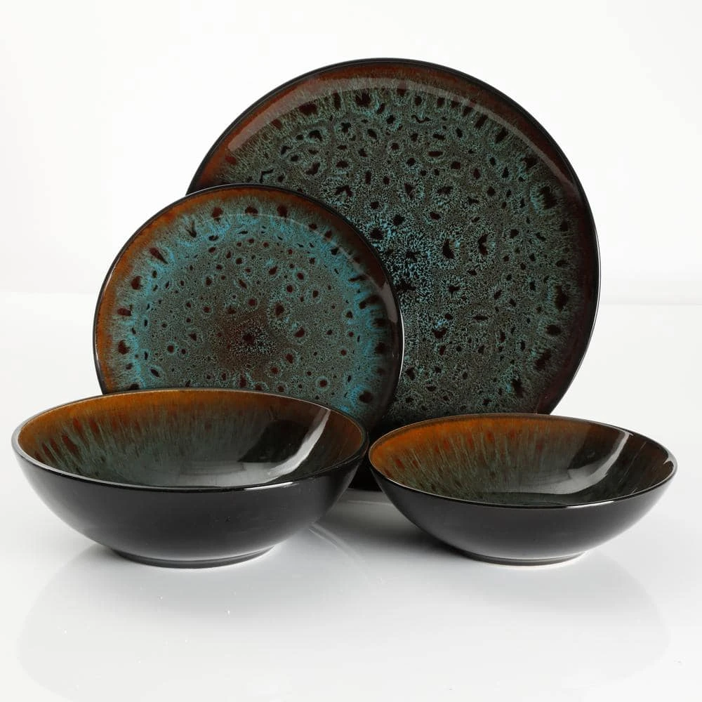 Kyoto 16-Piece Asian Inspired Teal reactive glaze with black and bronze accents Stoneware Dinnerware Set (Service for 4) by GIBSON ELITE 5 Kyoto 16-Piece Asian Inspired Teal reactive glaze with black and bronze accents Stoneware Dinnerware Set (Service for 4) by GIBSON ELITE - Image 3