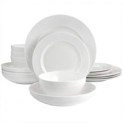 Embossed Bone China 16-Piece Double Bowl Dinnerware Set in White by GIBSON ELITE