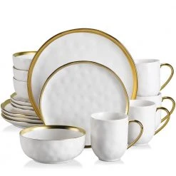 Sweet 16-Piece White Golden Edge Stoneware Dinnerware Set (Service for 4) by LOVECASA