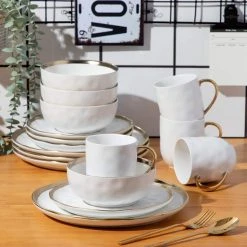 Sweet 16-Piece White Golden Edge Stoneware Dinnerware Set (Service for 4) by LOVECASA -Dinnerware Shop white dinnerware sets lc ge ds01 fa 1000