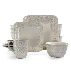 Ivory Lotus 16-Piece Traditional White Stoneware Dinnerware Set (Service for 4) by Elama