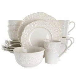 16-Piece Luna Embossed Scalloped White Stoneware Dinnerware Set (Service for 4) by Elama