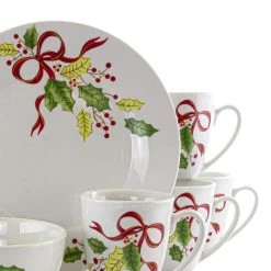 Holiday Ribbon 12-Piece Casual White Ceramic Dinnerware Set (Service for 4) by Gibson -Dinnerware Shop white gibson dinnerware sets 985112855m 1f 1000