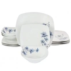 Evening Orchid 12-Piece White Fine Ceramic Dinnerware Set by GIBSON HOME