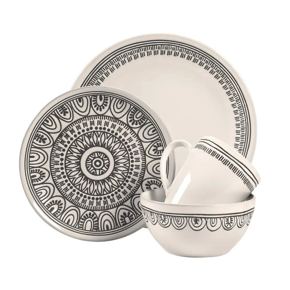Tribal 16-Piece Casual White Porcelain Dinnerware Set (Service for 4) by Over and Back 3 Tribal 16-Piece Casual White Porcelain Dinnerware Set (Service for 4) by Over and Back