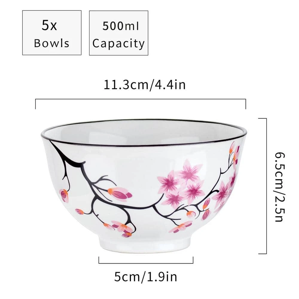 17 fl. oz. Porcelain 5-Piece White Cherry Blossoms Rice Fruit Bowls Japanese Soup Bowl by Panbado 4 17 fl. oz. Porcelain 5-Piece White Cherry Blossoms Rice Fruit Bowls Japanese Soup Bowl by Panbado - Image 2